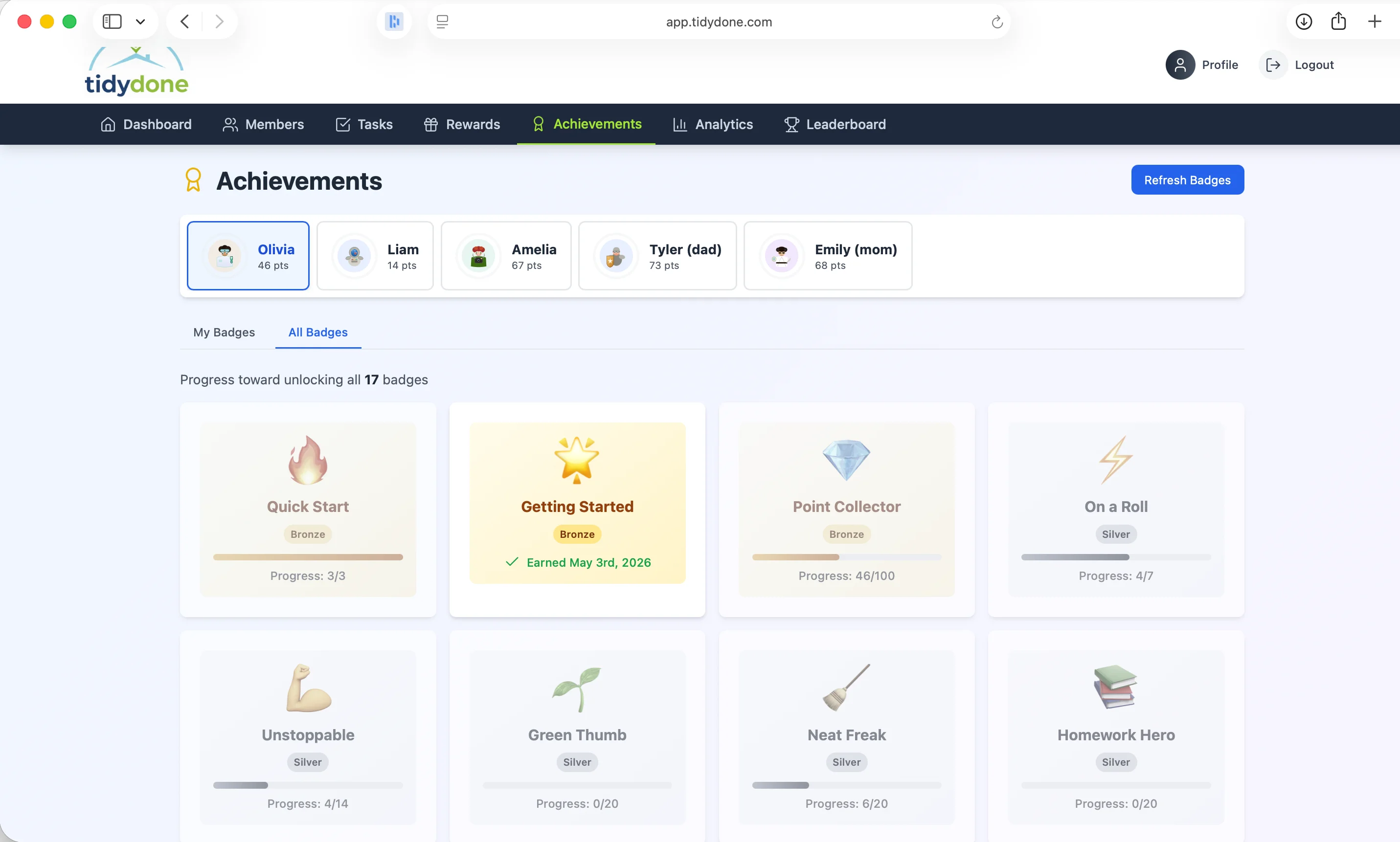 TidyDone Achievements screen showing badge progress for family members