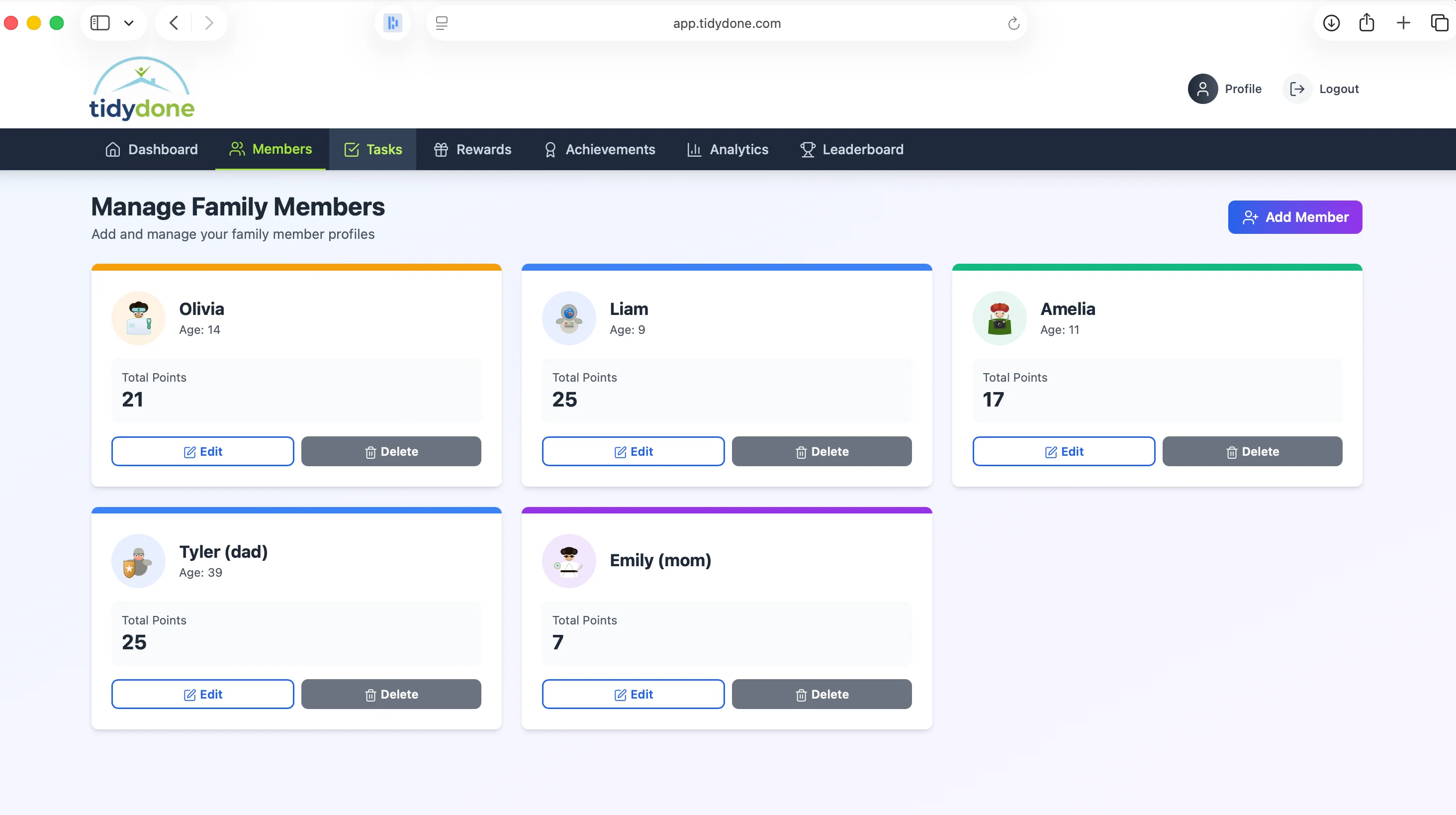 Create family profiles and add children to TidyDone