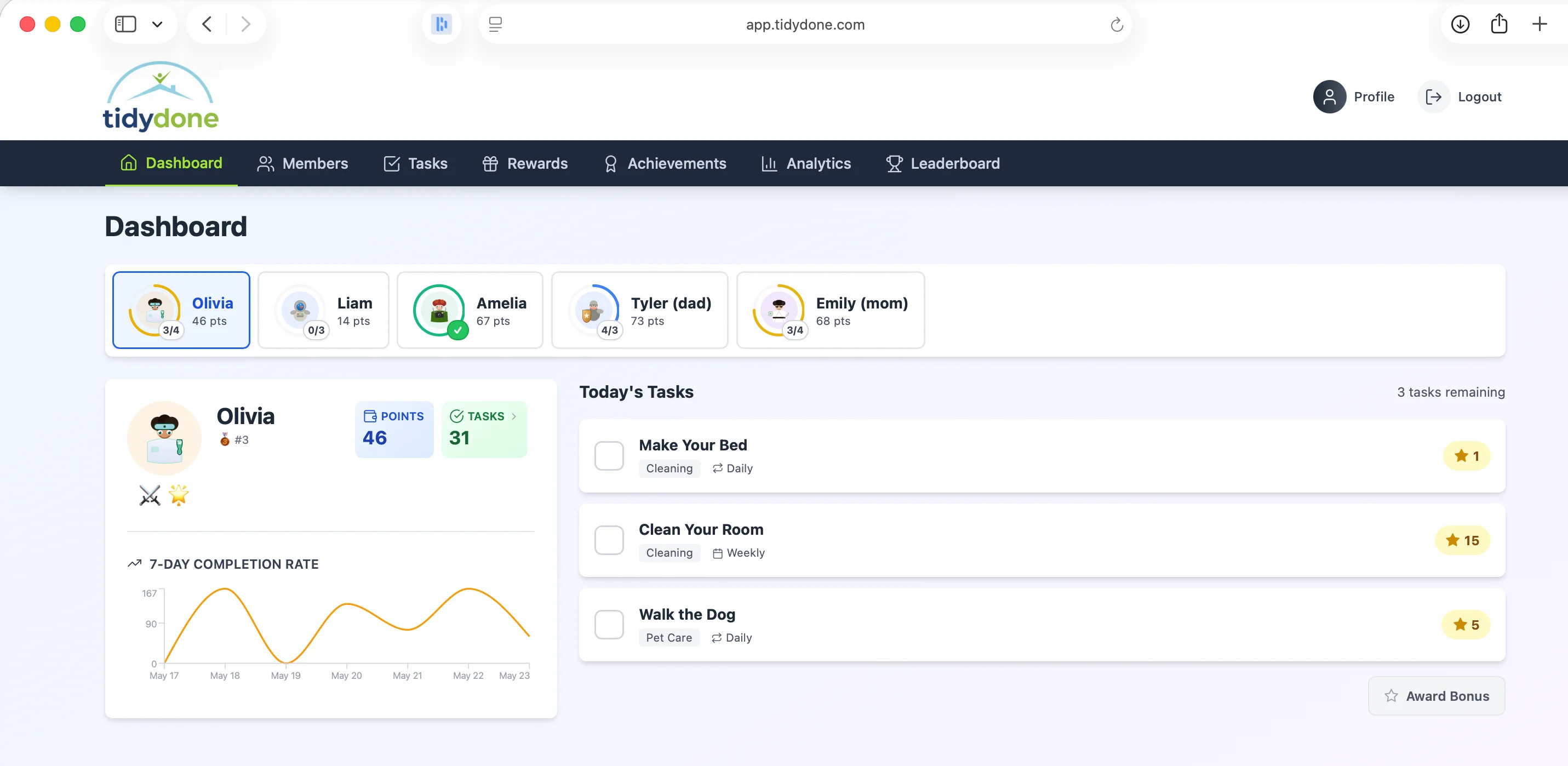 TidyDone Dashboard - Family chore tracker interface
