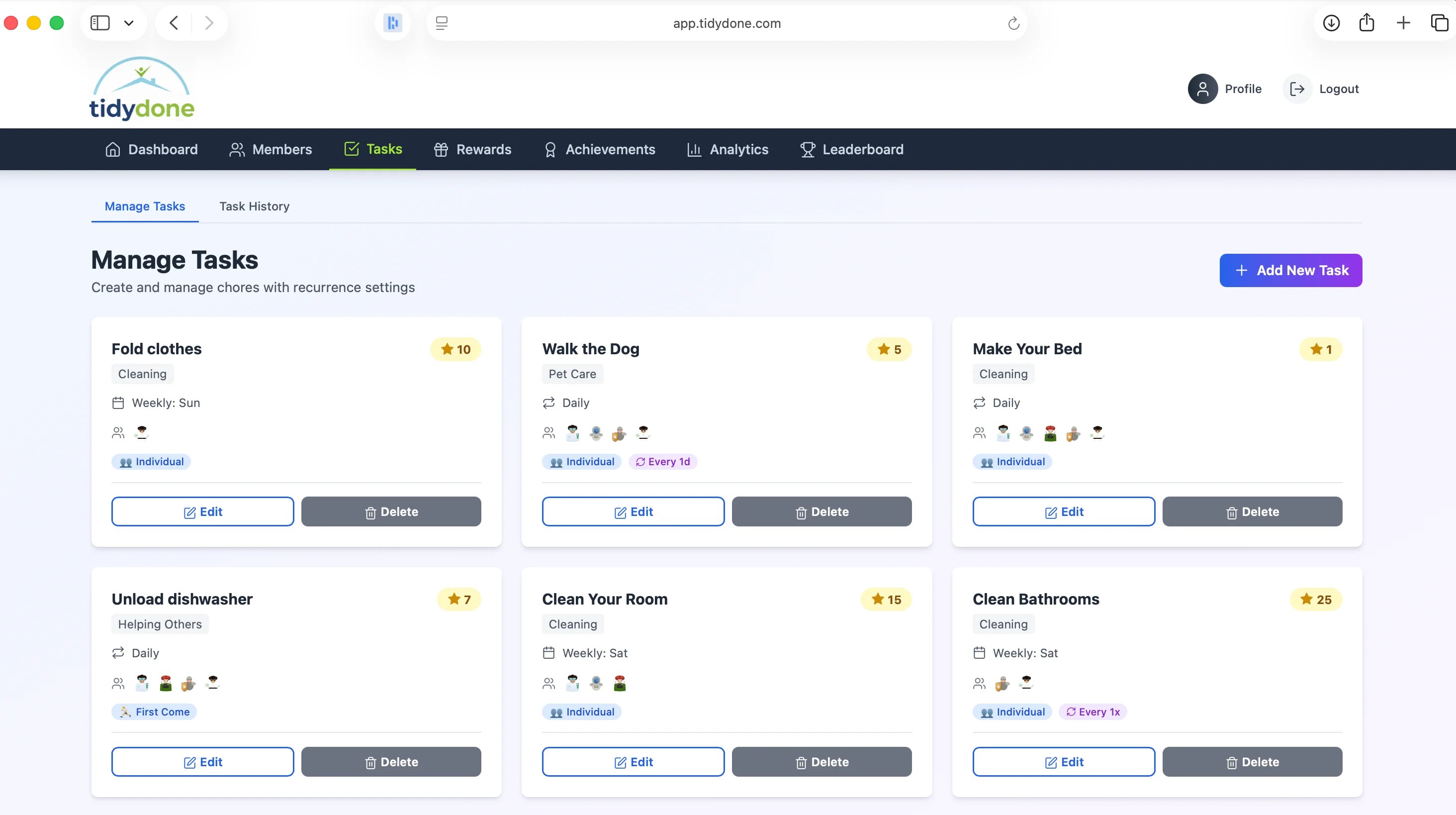 Build your chore library with custom tasks and point values